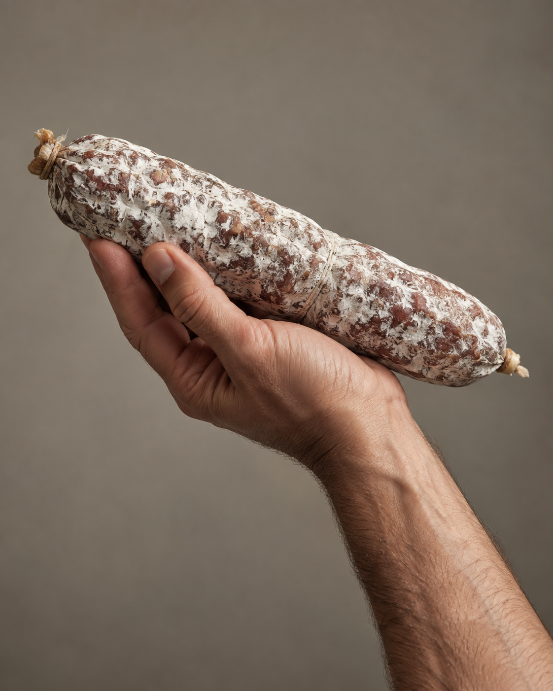 Une main soutient naturellement un saucisson entier, photographié en studio