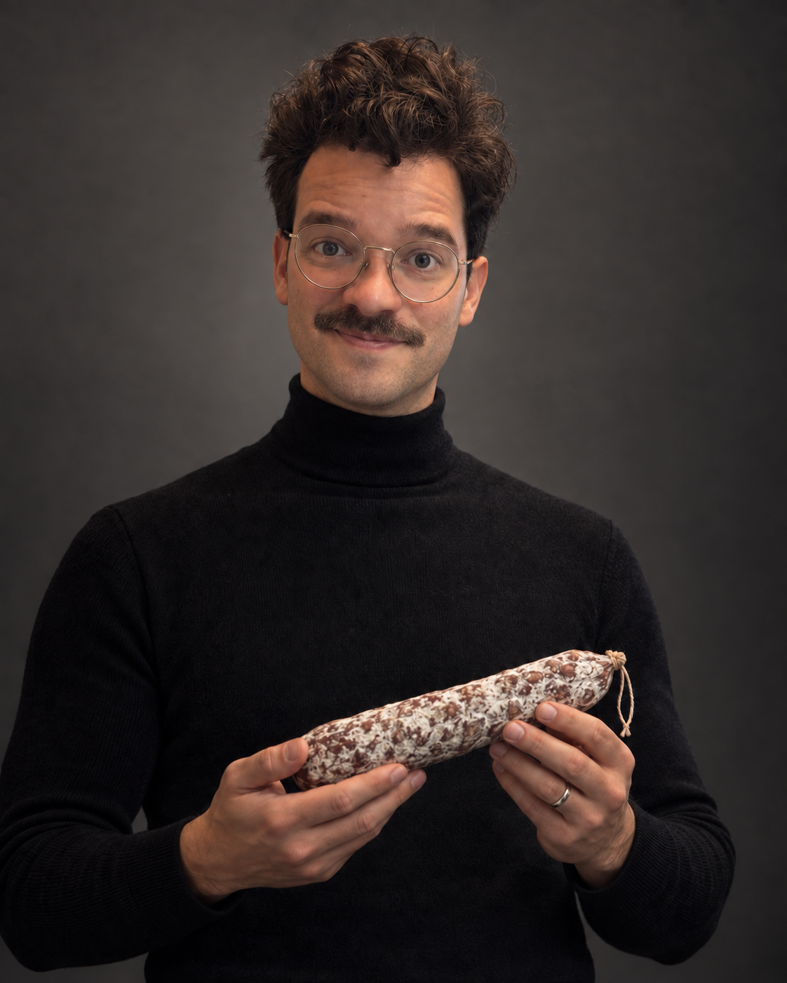 Gaspard moustachu, fondateur fictif de Mon Saucisson, en col roulé noir, tenant son produit